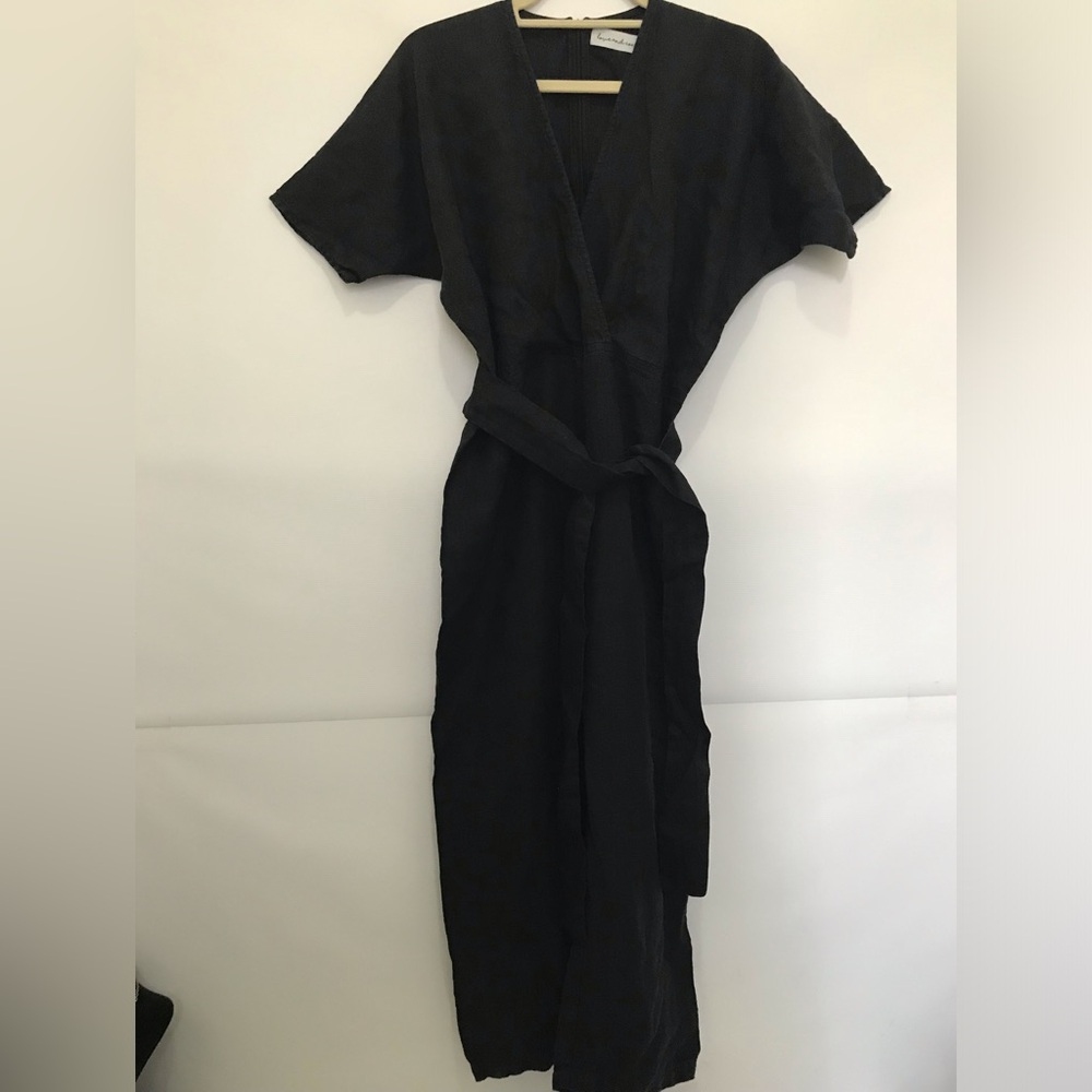 Love and Confuse Black V-Neck Linen Jumpsuit with Waist Tie Size S